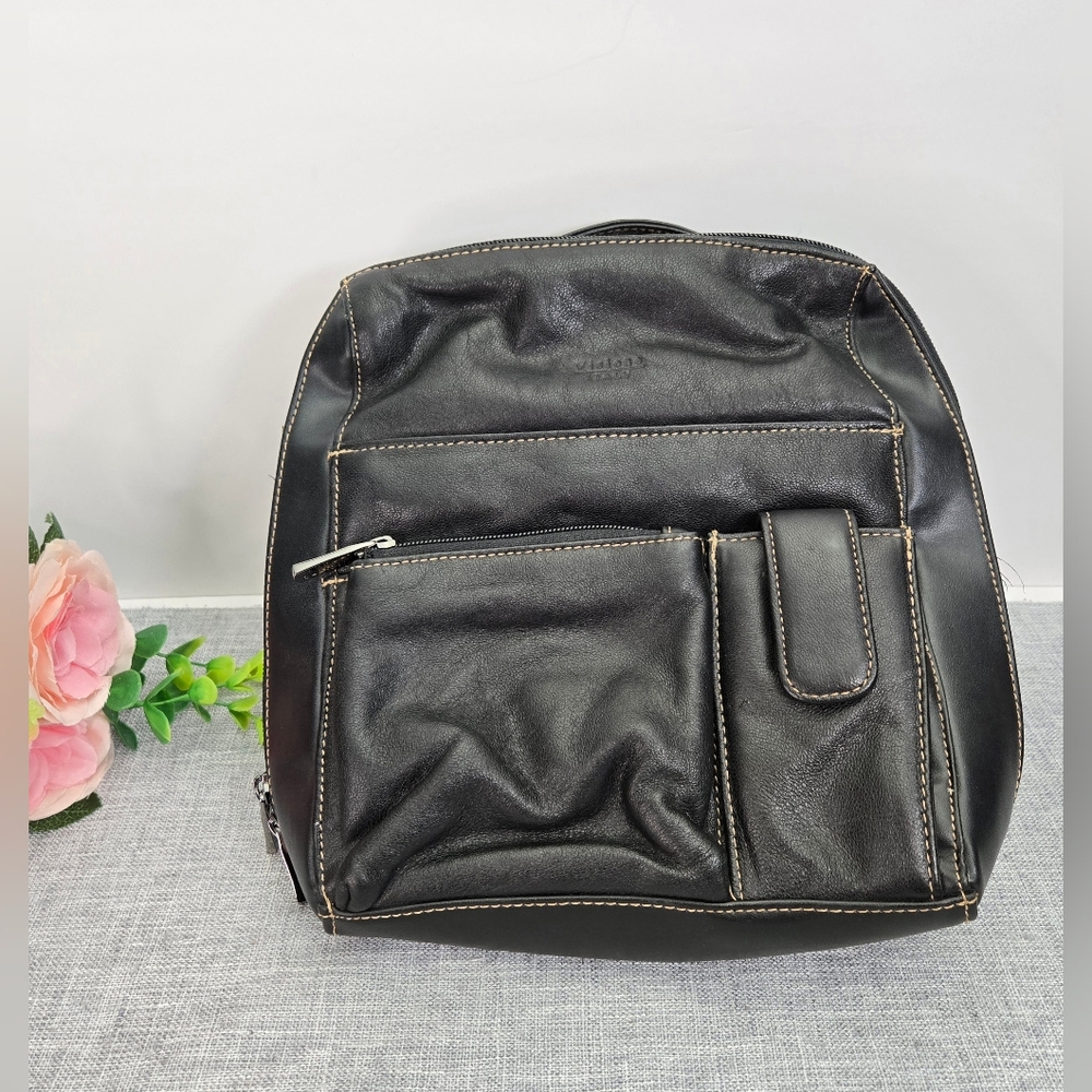 Visione Italy Genuine Leather Dark Brown‎ Backpack Purse Silver Tone Hardware